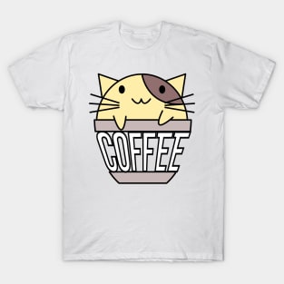 Cat in coffee cup with warped text yellow and brown T-Shirt